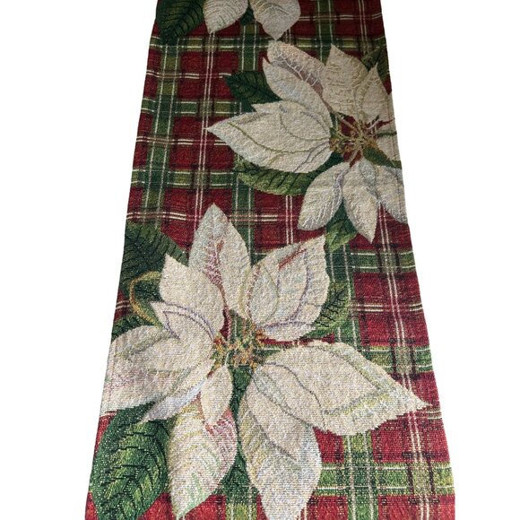 Holiday Poinsettia Tapestry Table Runner With Red & Green Plaid Design 67” Long - Picture 2 of 5